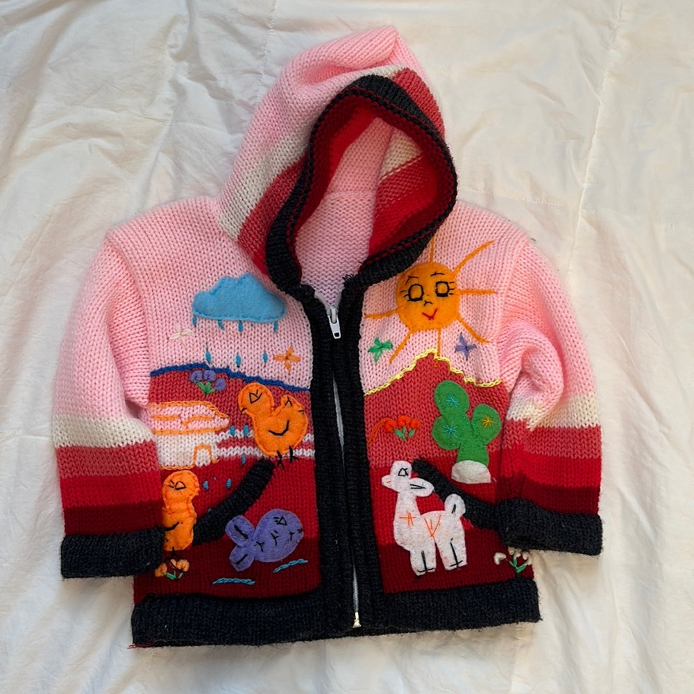 Hand made knit sweater - cute animals and flowers. 12-24 month.